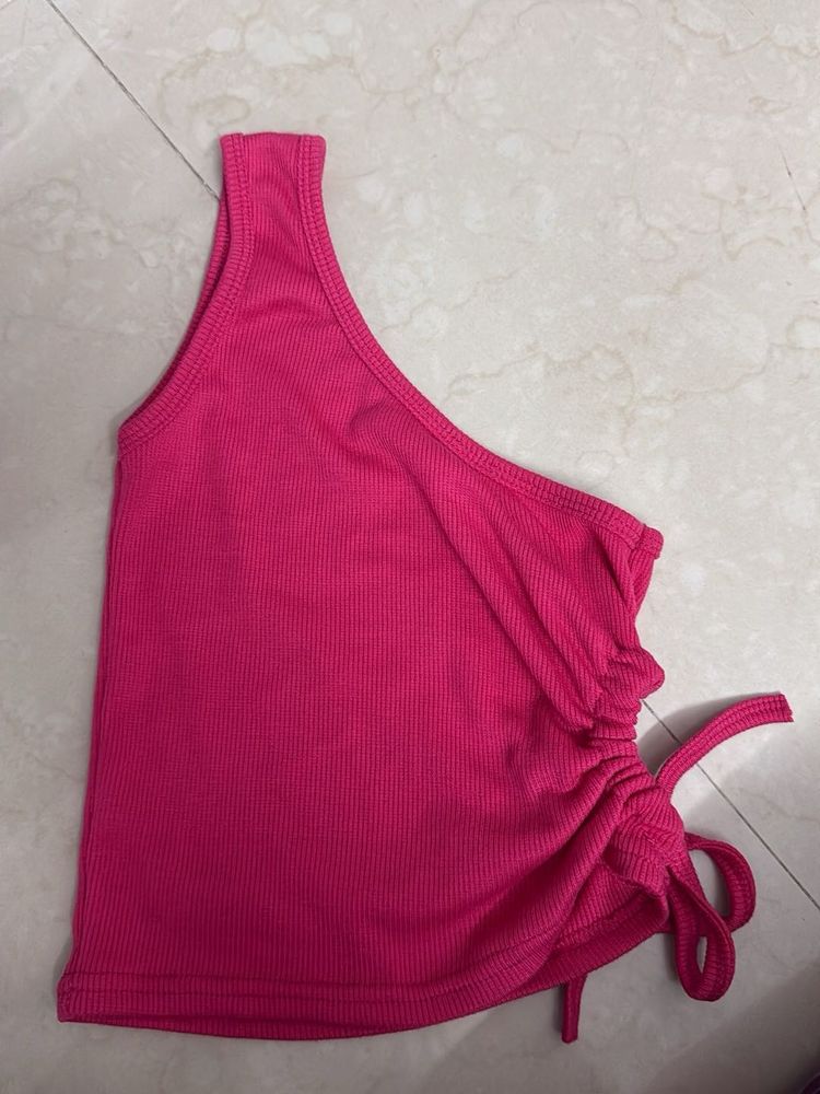 Hot Pink One-Shoulder Ruched Tank Top