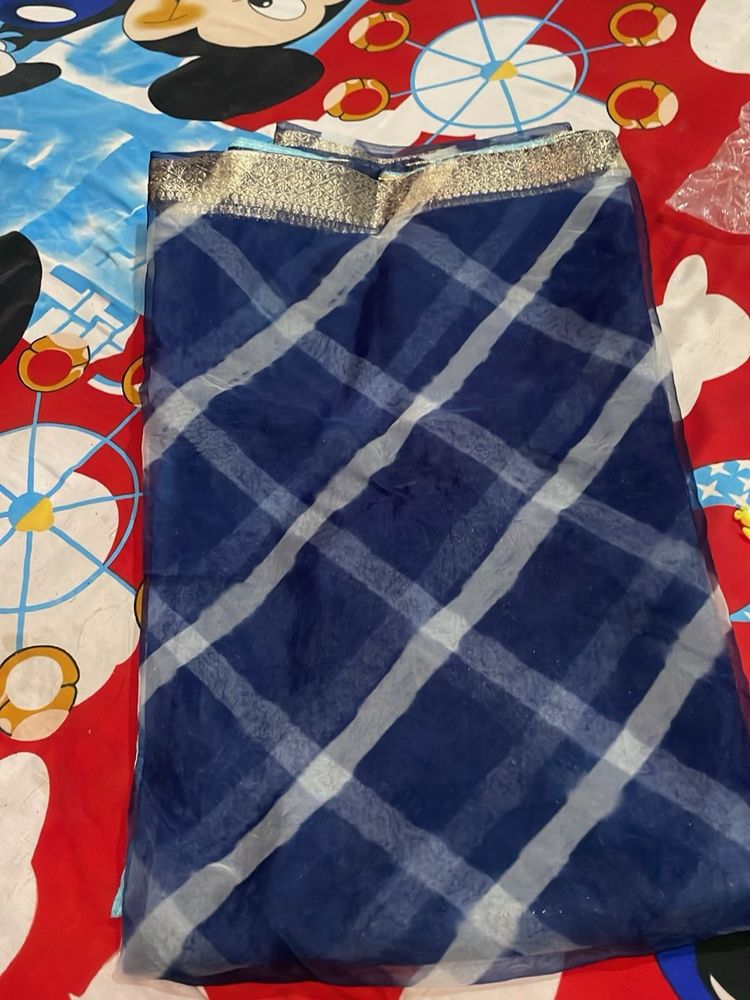 Blue &amp; White Checkered Saree