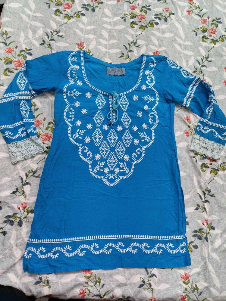 Blue Embroidered Kurta and Y2k jeans