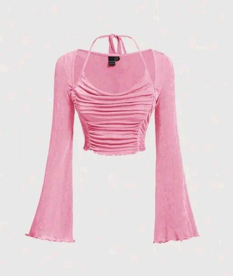 Brand New Pink Ruched Bell Sleeve Crop Top