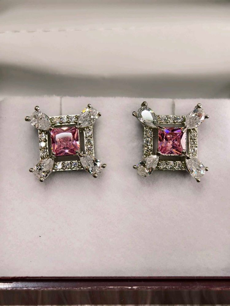 Elegant Pink &amp; Crystal Stud Earrings 925 silver