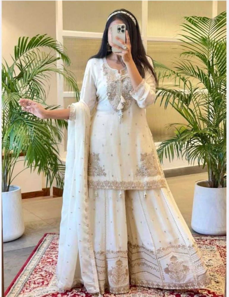 Elegant White &amp; Gold Embroidered Gharara Suit