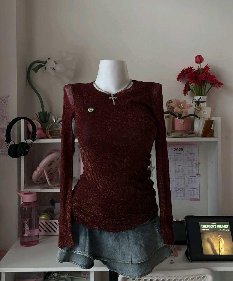 Stylish Red Shimmer Top with Side Charm Detail