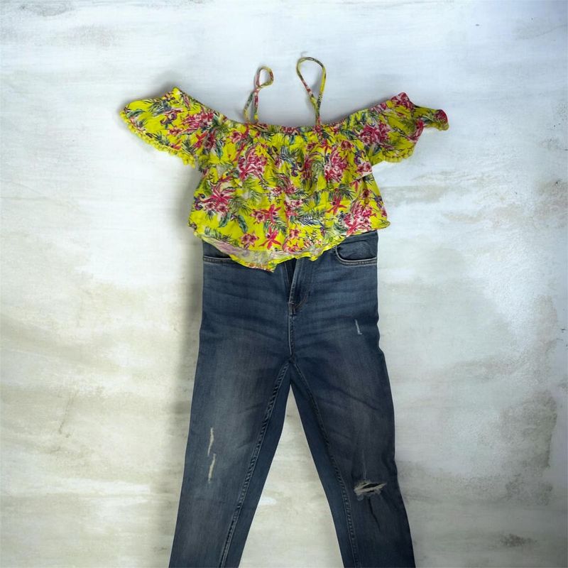 Boho Floral Off-the-Shoulder Top &amp; Jeans Combo