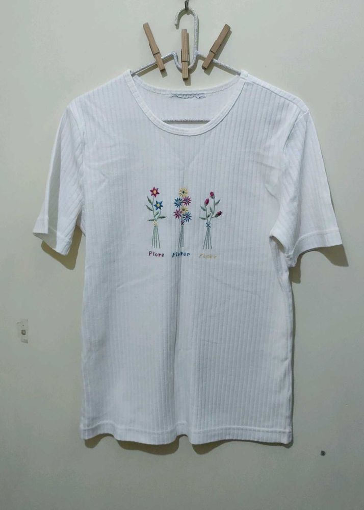 White Ribbed T-Shirt top with Floral Embroidery