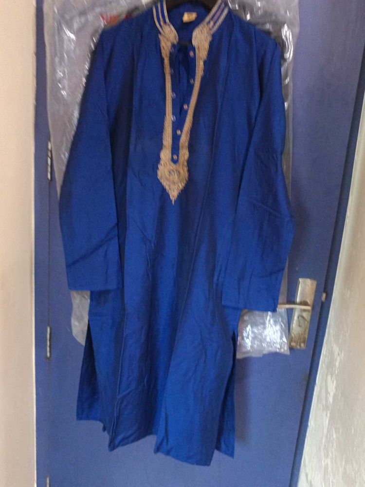 manyavar bengali Royal Blue Embroidered Kurta