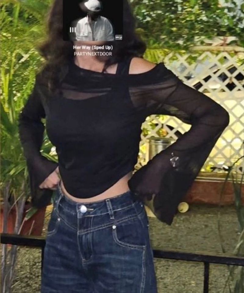 Sheer Mesh Bell Sleeve Top