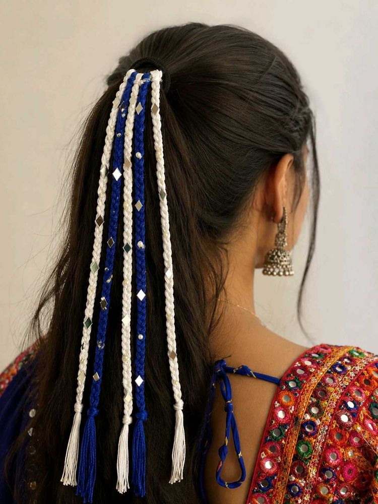 blue and white hair accessories for navratri
