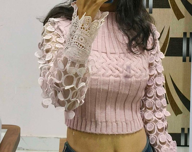 Ribbed Pink Top With Designer Sleeves