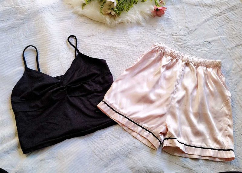 Satin Pajama Set - Camisole &amp; Shorts