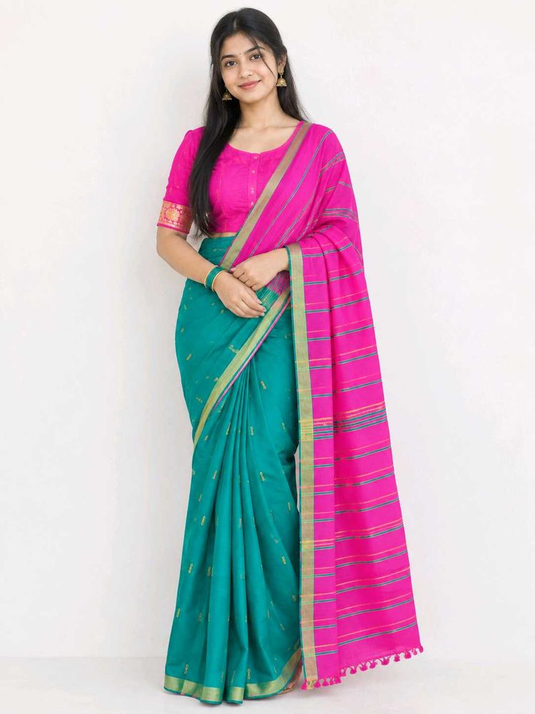 Beautiful Teal and Pink Saree with stiched blouse
