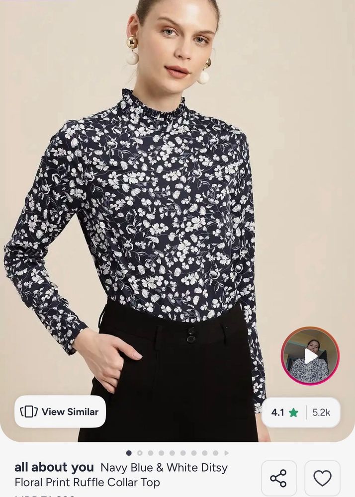 Navy Blue Floral Print Ruffle Collar Top
