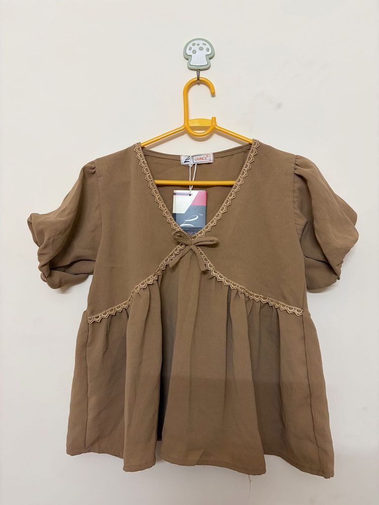 Cute Brown Peplum Top with Lace Trim