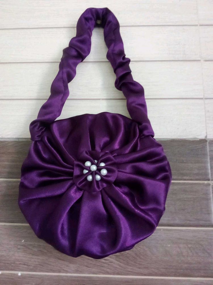 Elegant Purple Satin Clutch with Pearls