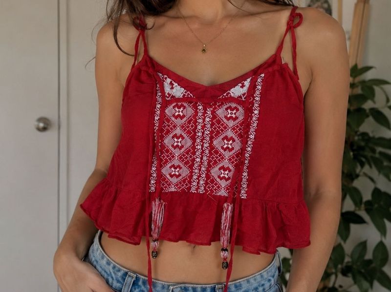 Boho Red Embroidered Cami Top