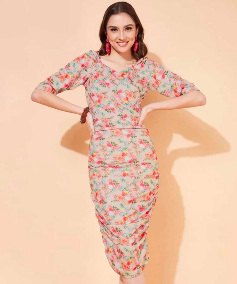 Floral Ruched Midi Dress (Size -M-L)