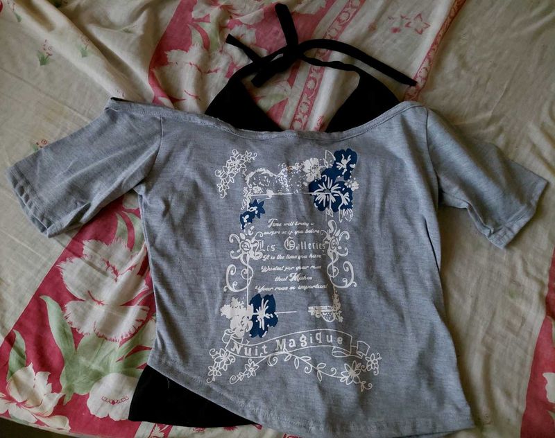 Grey Off-Shoulder Top with tie up at the neck