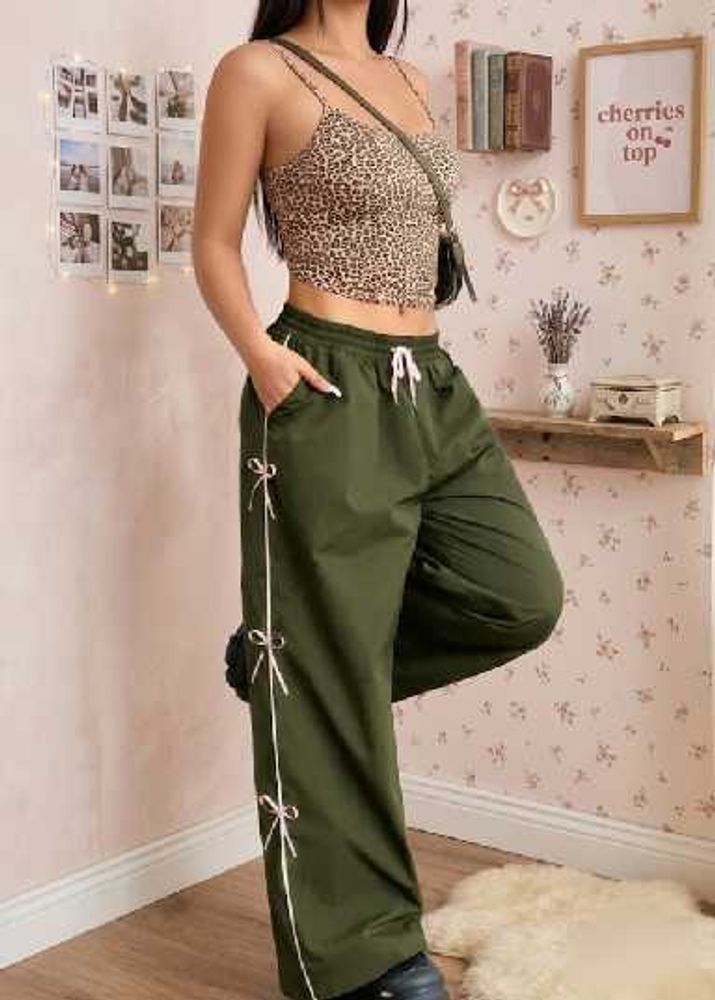 Olive Green Wide Leg Pants with Bow Detail