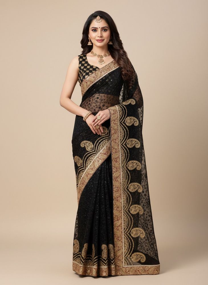 Elegant Black &amp; Gold Embellished Saree