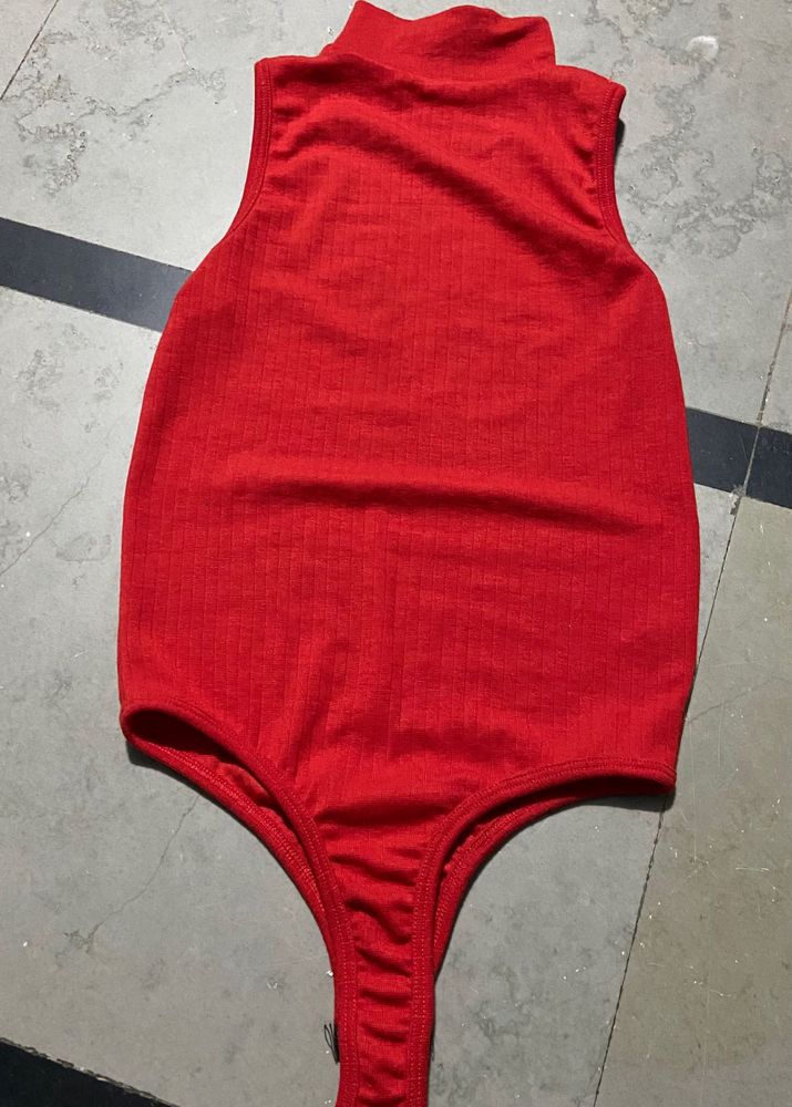 Sleeveless Red Turtleneck Bodysuit