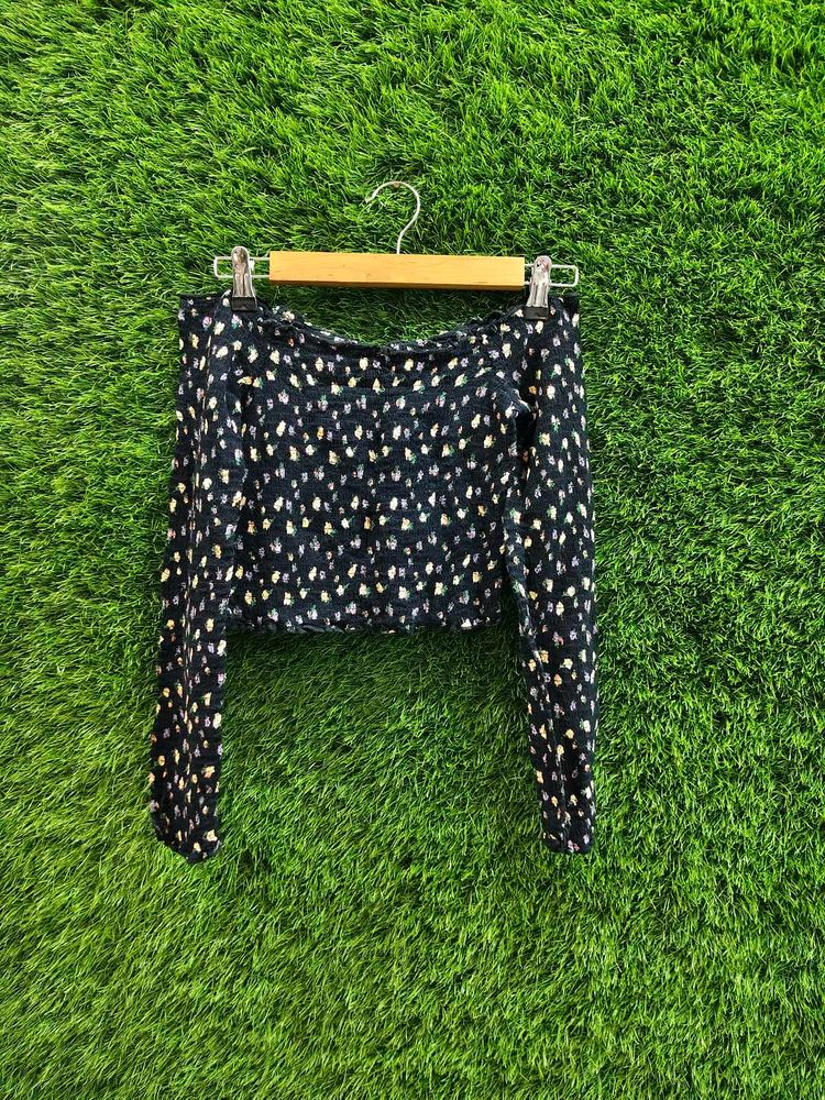 Off-Shoulder Ditsy Print Long Sleeve Crop Top