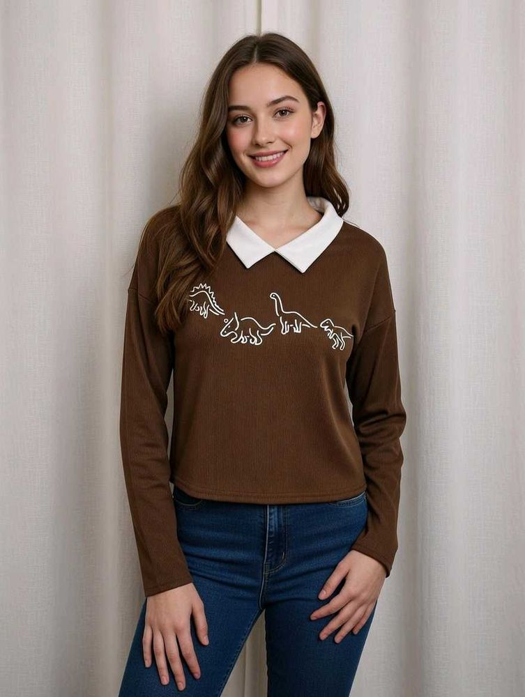 Dino Graphic Collar Long Sleeve Top