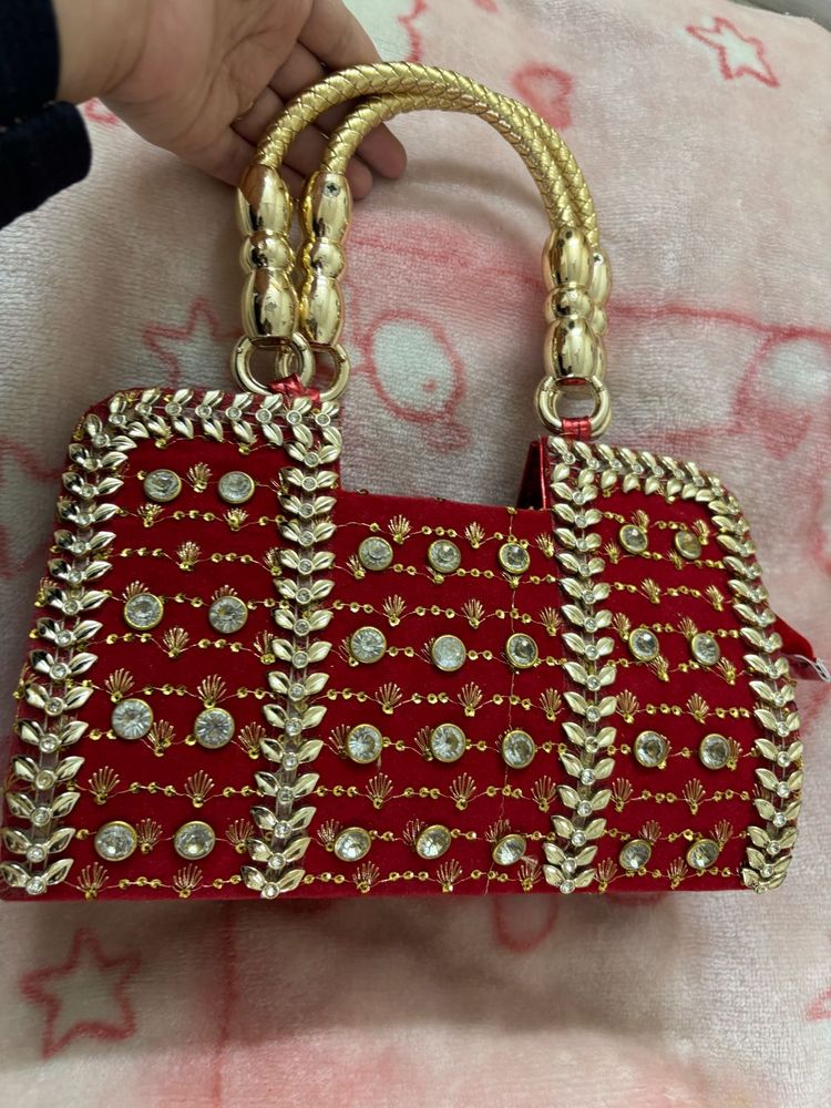 Elegant Red &amp; Gold Embellished Bag