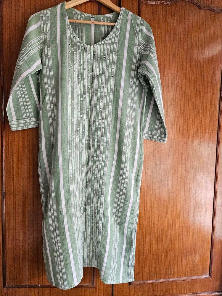 Green Striped Cotton Kurta