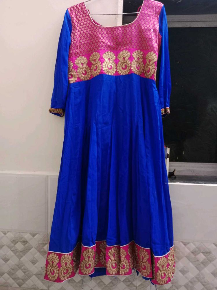Blue Anarkali Kurta with Pink &amp; Gold Embellishment