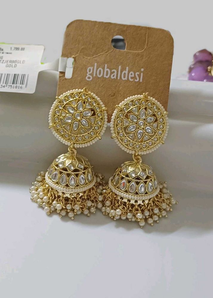 Global Desi Pearl Golden Jhumka Earrings