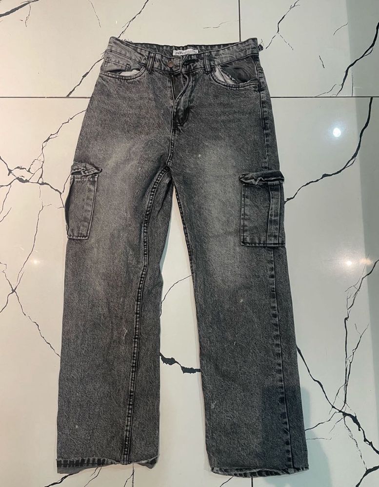 Acid Wash Wide Leg Cargo Jeans