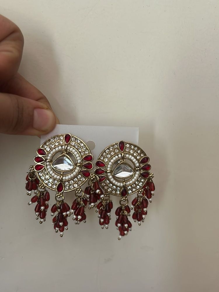 Exquisite Red &amp; Gold Round Drop Earrings