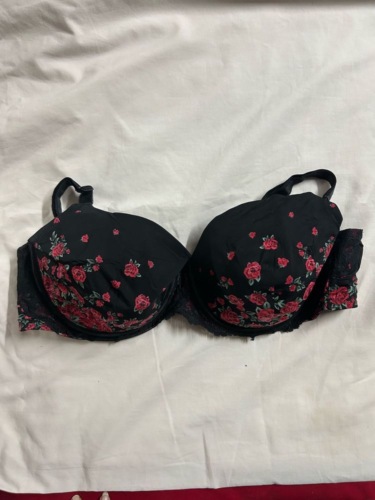 Floral Print Black Bra