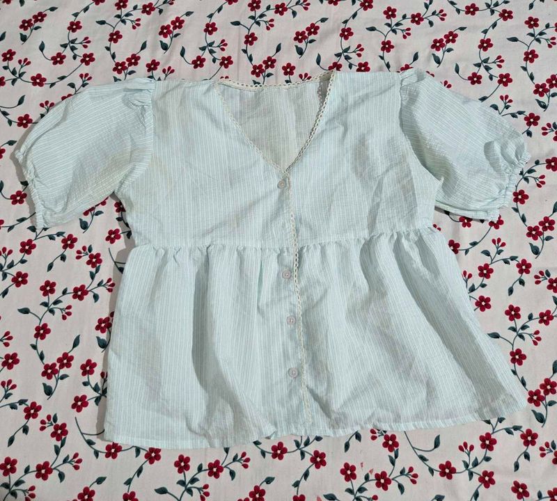 Cute Striped Puff Sleeve Peplum Top