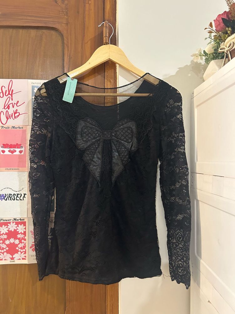 Black Lace Bow Detail Top