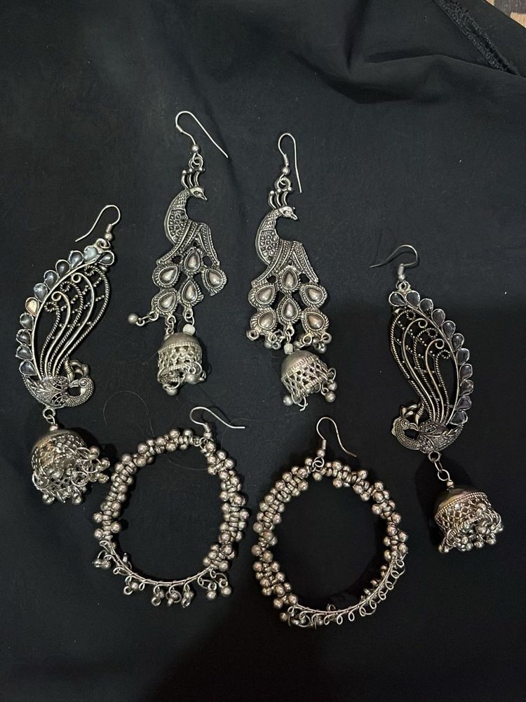 Oxidized Silver Peacock Earrings Set