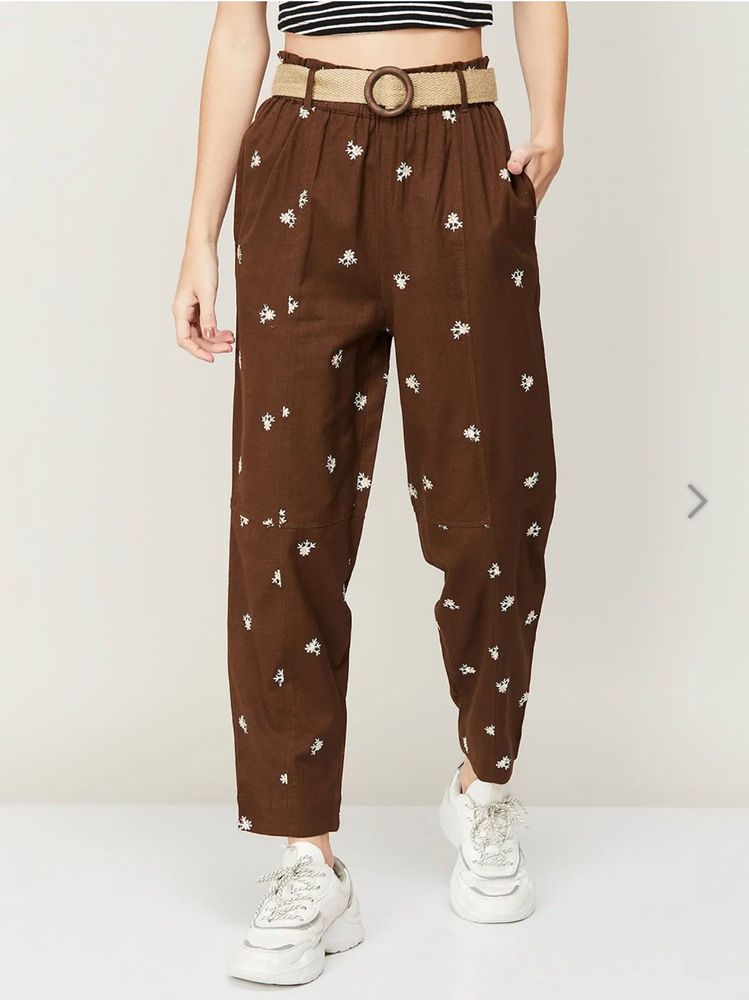 Brown Embroidered Pants with Belt