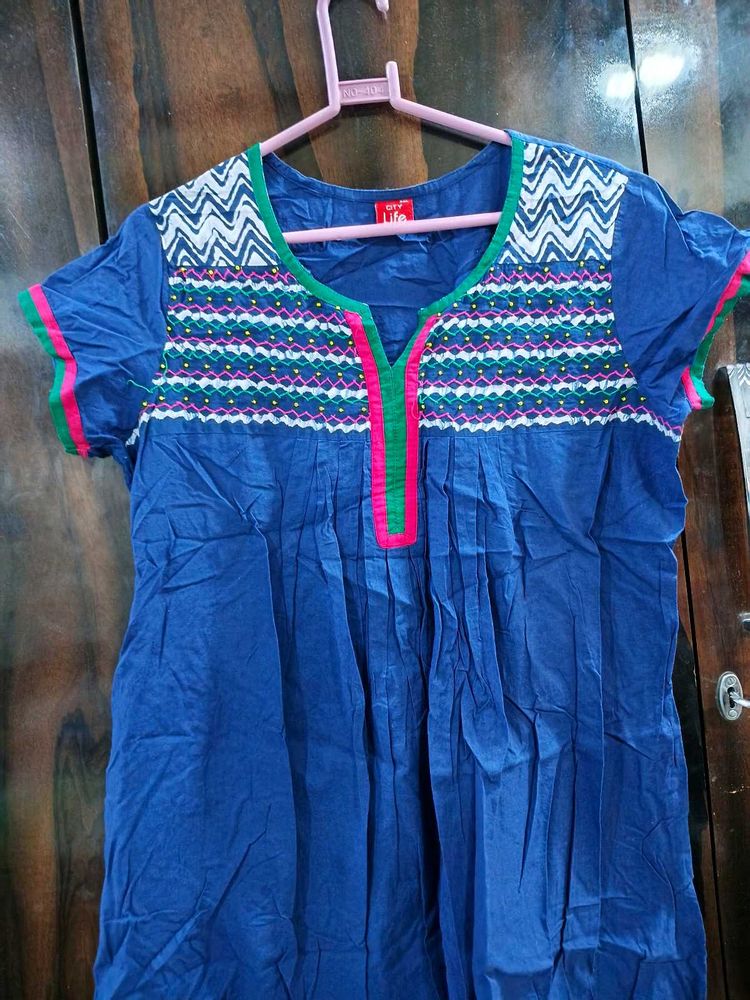 Blue Kurta with Embroidered Neck