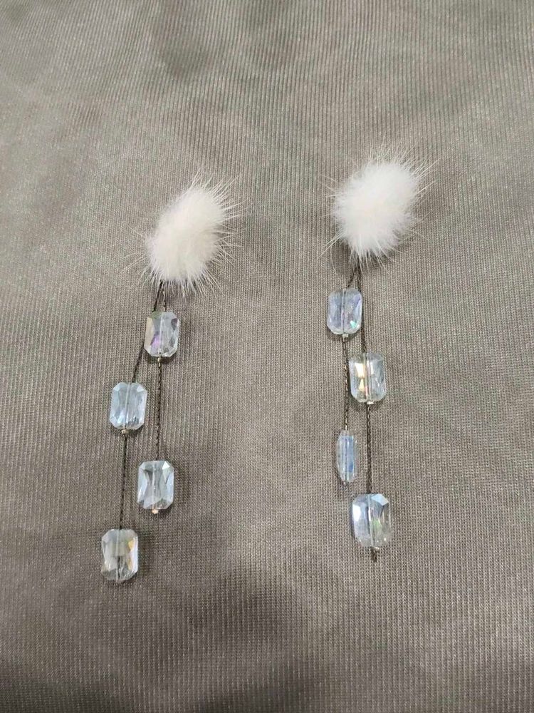 White Fur &amp; Crystal Drop Earrings