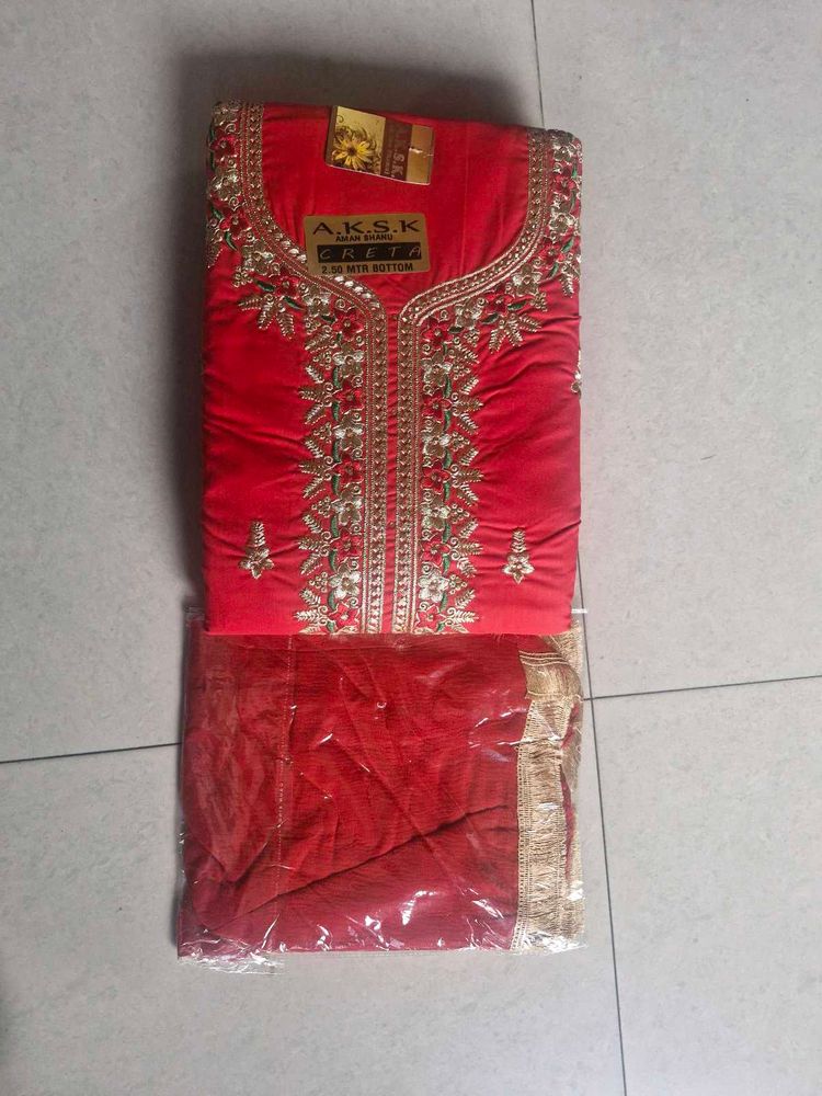 Red Embroidered Dress Material