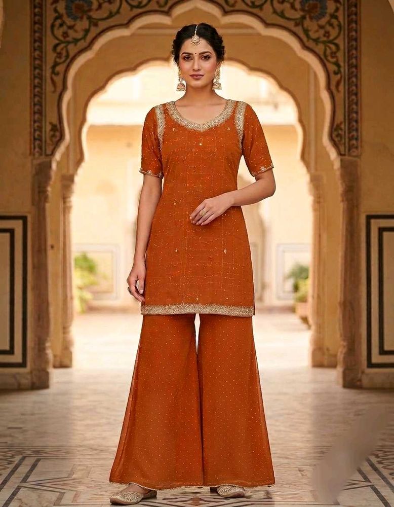 Elegant Orange Kurta Set with Palazzo Pants