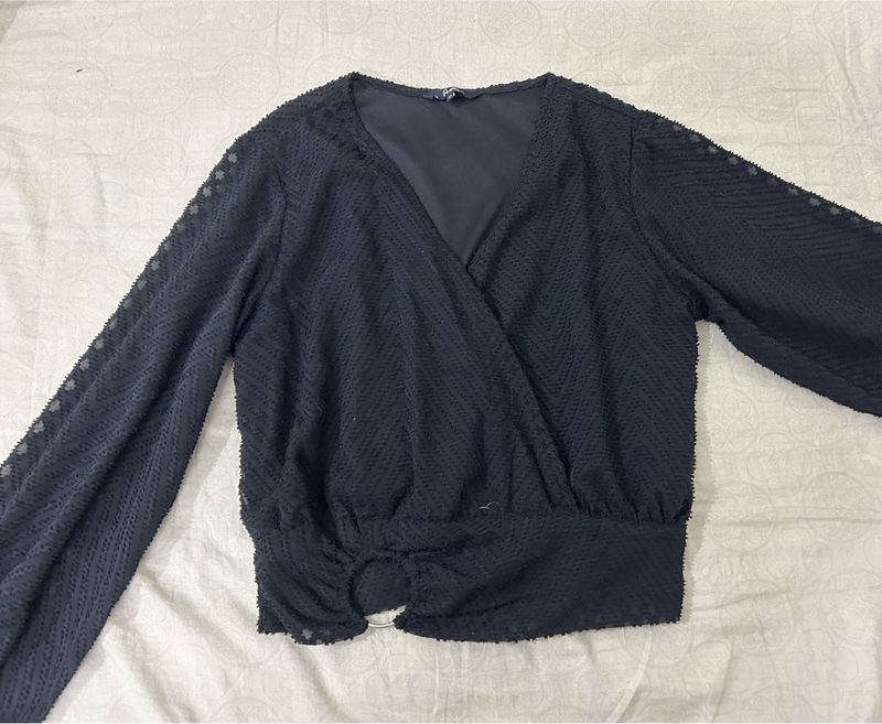 Chic Black Textured Wrap Top