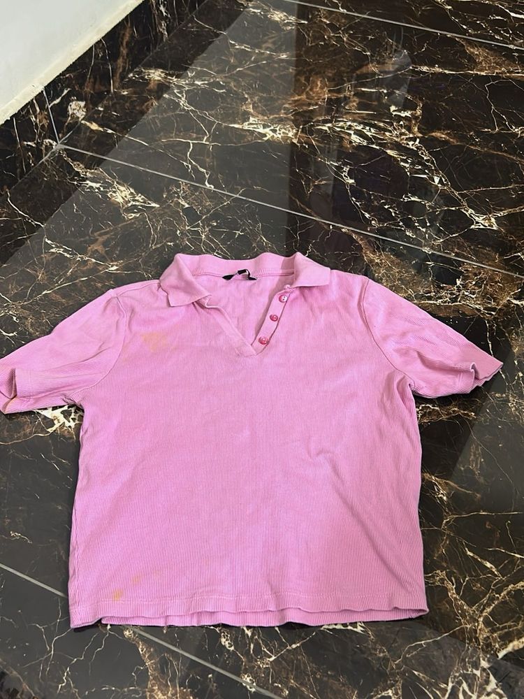 Pink Collared Short Sleeve Top