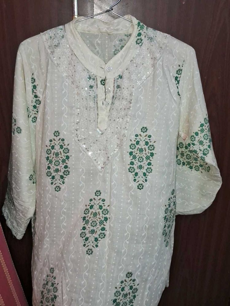 Elegant White short Kurta with Green Floral Print