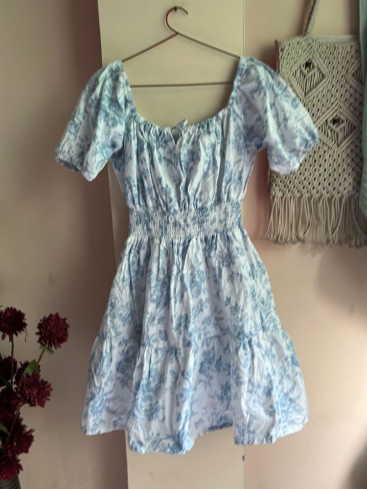 Blue Floral Puff Sleeve Mini Dress