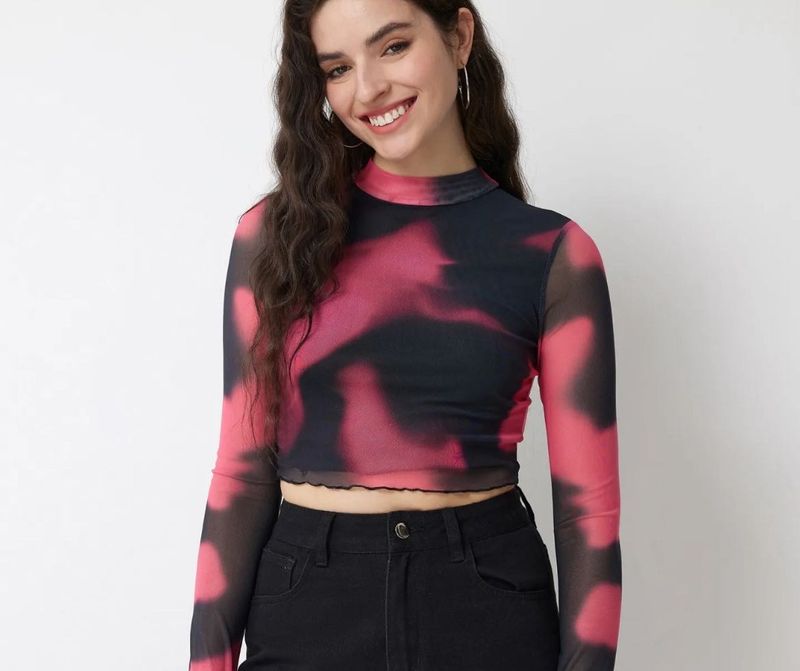 Pink Black Tie Dye Mesh Top