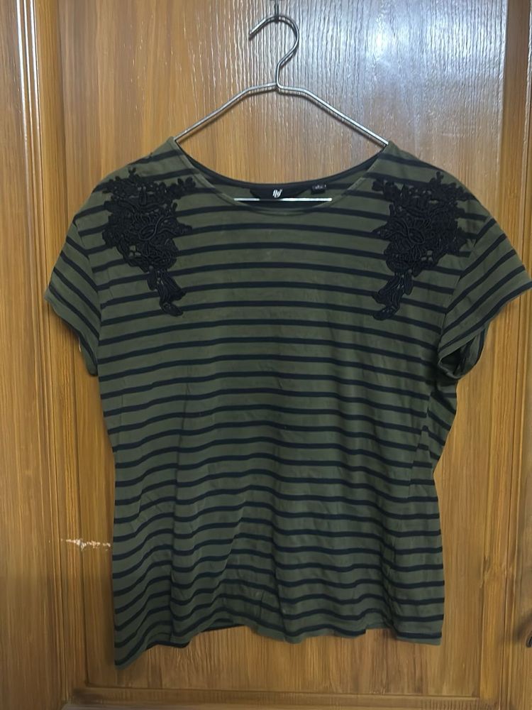 Striped T-Shirt with Lace Detail