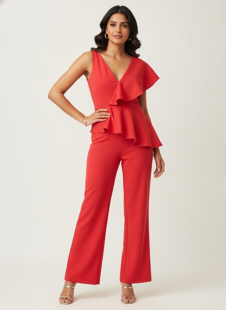 Chic Red One-Shoulder Jumpsuit