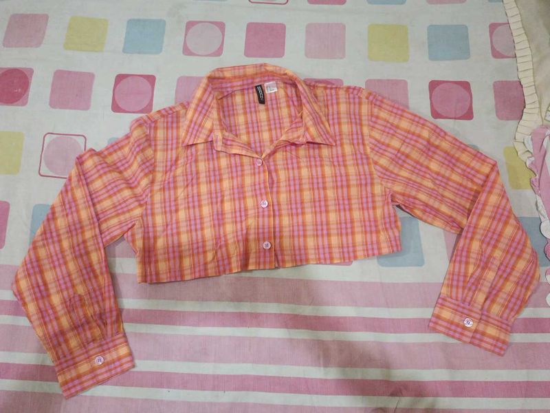 Pink &amp; Orange Plaid Cropped Shirt