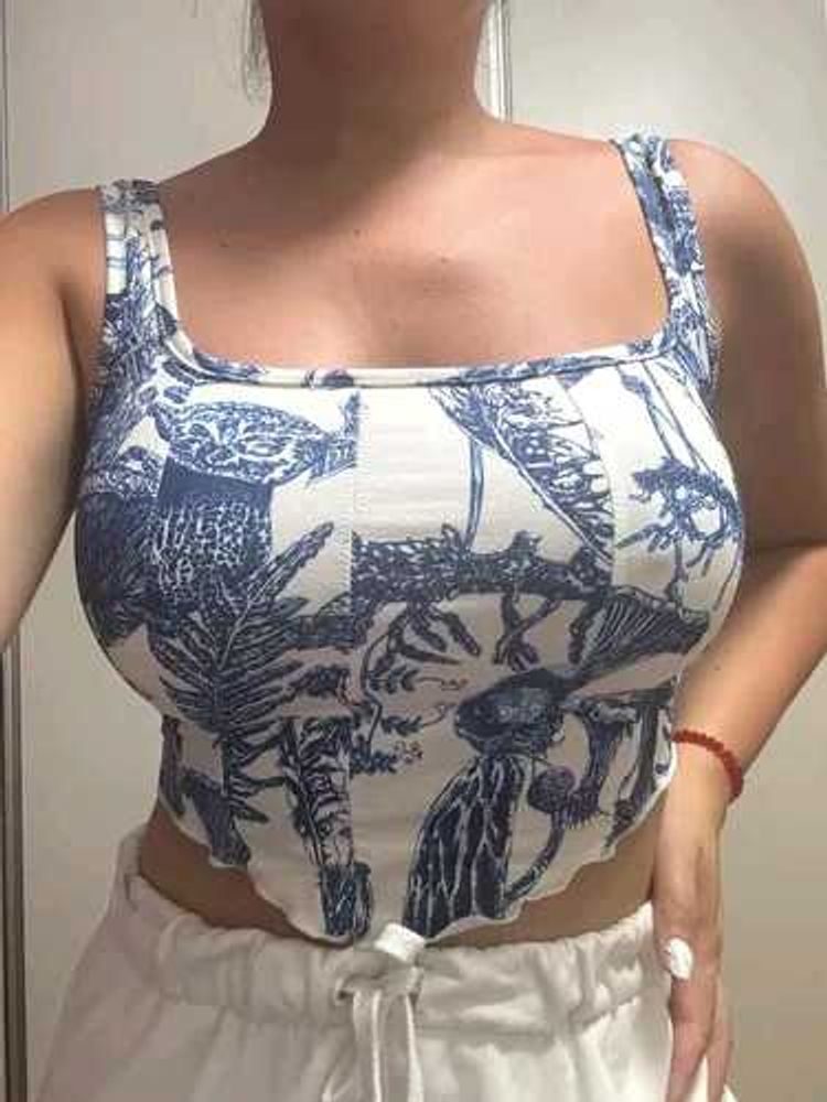 I. Blue &amp; White Botanical Print Crop Top